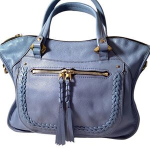 orYANY Sky Blue Pebbled Leather Braided Tassel Satchel Bag Purse